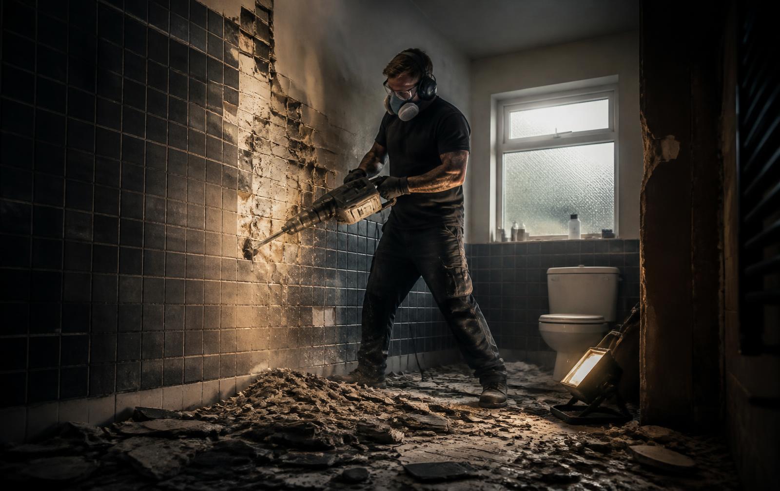 Demolition tradesman stripping tiles from a bathroom wall